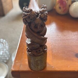 Hand-Carved Brown Dragon Seal Sculpture - vintage soapstone dragon seal